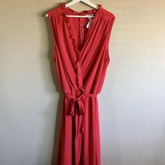 London Style Collection Women’s Cherry Red Sleeveless Faux Wrap Ruffle Dress 22W - Picture 3 of 8